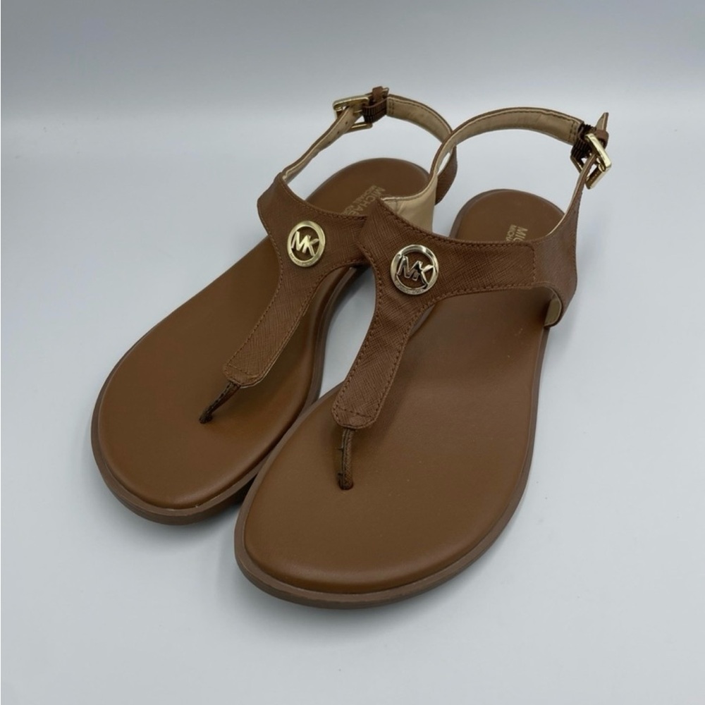MICHAEL KORS Size 7 MK Gold Logo Camel Brown Leather Women's Thong Sandals